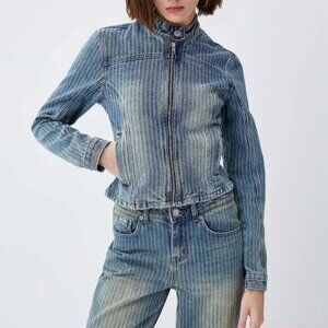 The Ragged Priest striped denim cropped jacket 100% cotton